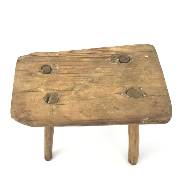 Primitive Handcrafted Wooden Farm Stool with Mortise and Tenon Construction