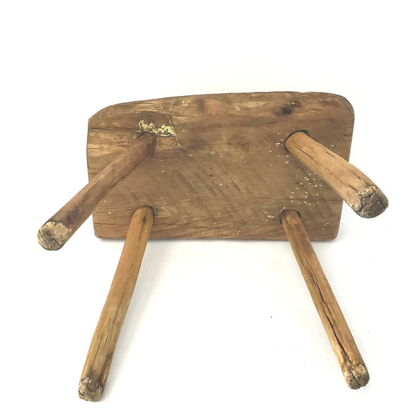 Primitive Handcrafted Wooden Farm Stool with Mortise and Tenon Construction