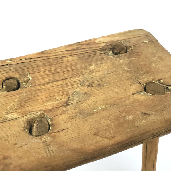 Primitive Handcrafted Wooden Farm Stool with Mortise and Tenon Construction