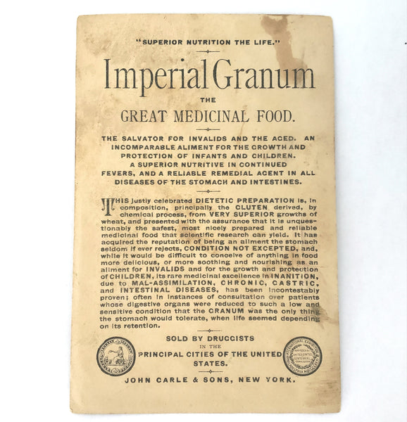 Imperial Granum Medicinal Food Victorian Trade Card John Carle & Sons New York