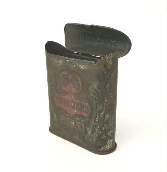 Antique Tobacco Pocket Tin Case "Twin Oaks" Dome Flip Top Lid ~ Tobacciana Collectible