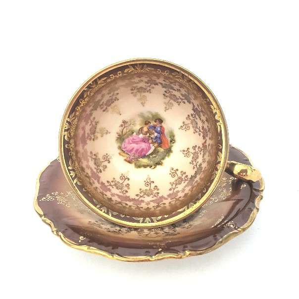 Waldershof Germany Demitasse Cup and Saucer Set "Courting Couple" Brown & Gold