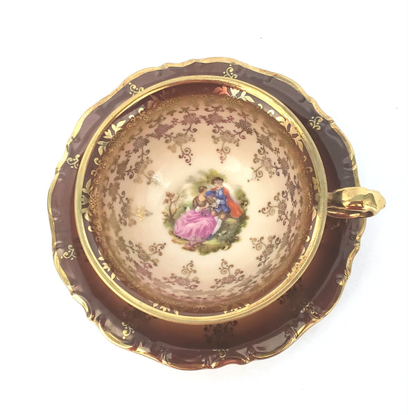 Waldershof Germany Demitasse Cup and Saucer Set "Courting Couple" Brown & Gold