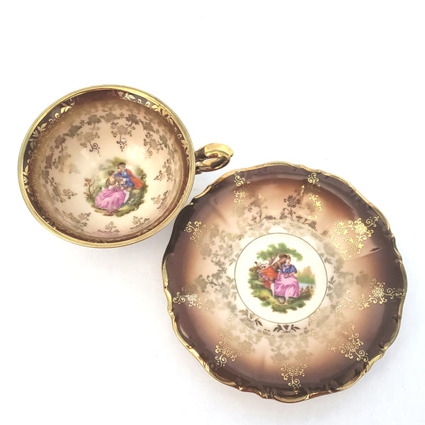 Waldershof Germany Demitasse Cup and Saucer Set "Courting Couple" Brown & Gold