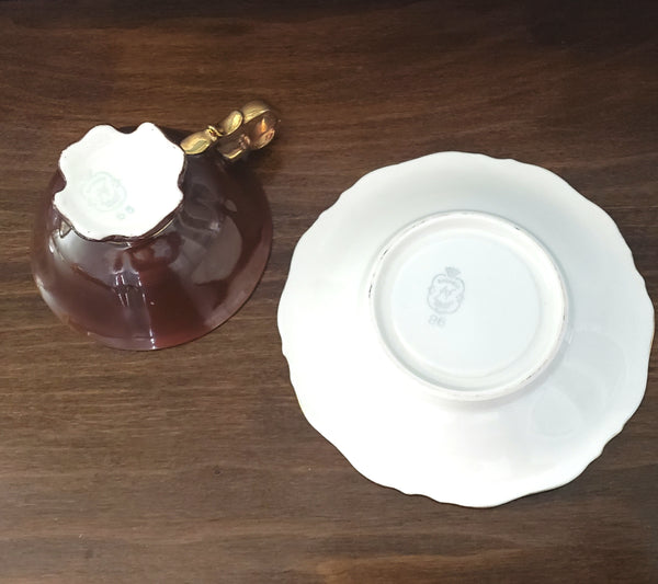 Waldershof Germany Demitasse Cup and Saucer Set "Courting Couple" Brown & Gold