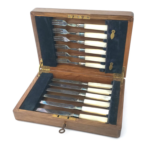 Antique English Fruit Knives & Forks Pearl Handles Wood Case & Key by Allen & Darwin
