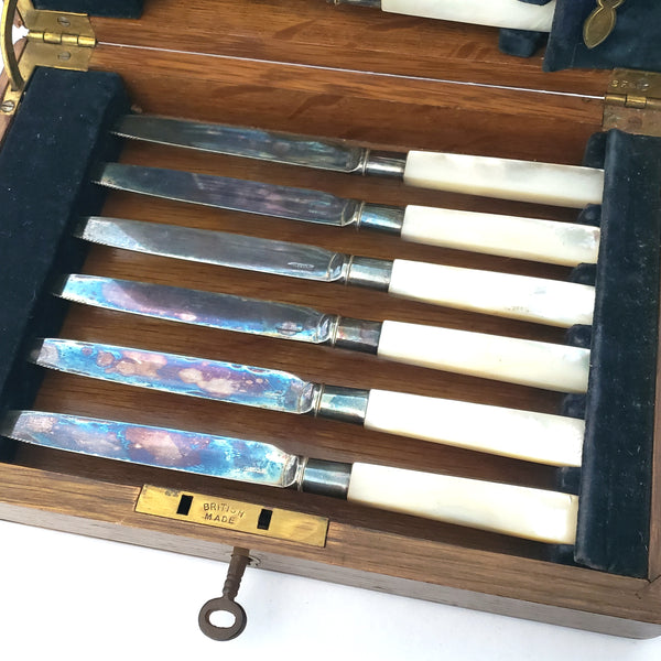 Antique English Fruit Knives & Forks Pearl Handles Wood Case & Key by Allen & Darwin England
