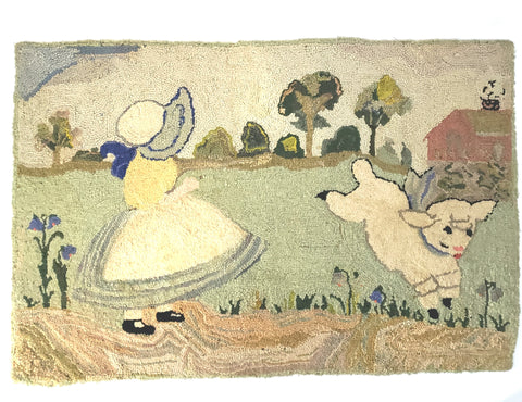Vintage Wool Hooked Rug "Mary Had A Little Lamb" c. 1940s