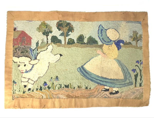 Vintage Wool Hooked Rug "Mary Had a Little Lamb" Nursery Rhyme Collectible 1940s