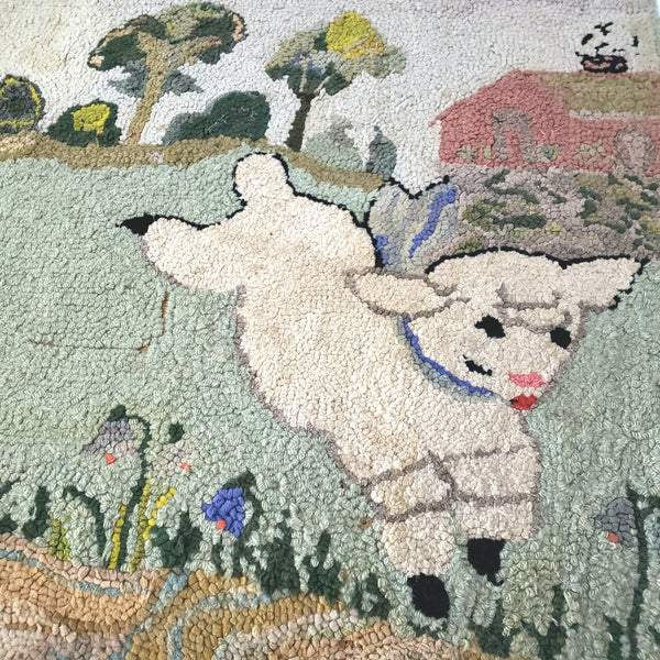 Vintage Wool Hooked Rug "Mary Had a Little Lamb" Nursery Rhyme Collectible 1940s