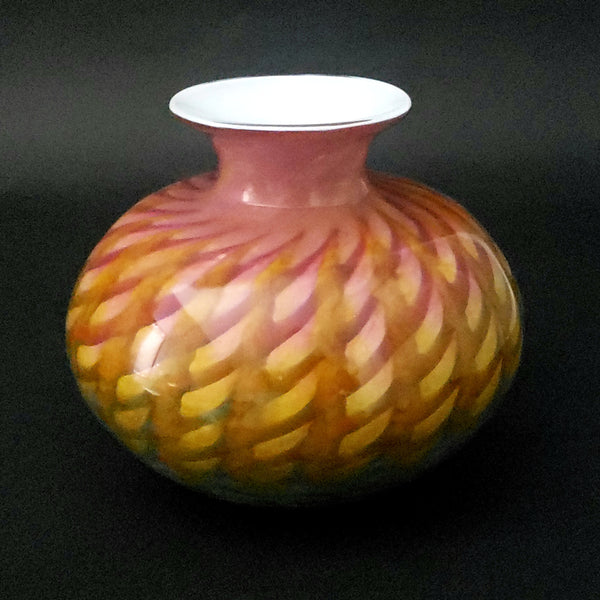 Unique Feathered Art Glass Vase 5" Bulbous with Embossed Makers' Mark