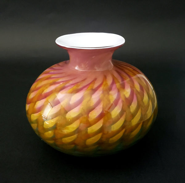 Unique Feathered Art Glass Vase 5" Bulbous with Embossed Makers' Mark