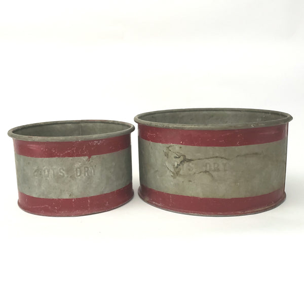 Antique Dry Measure 4 Quart and 2 Quart Galvanized Metal with Red Bands Set of 2