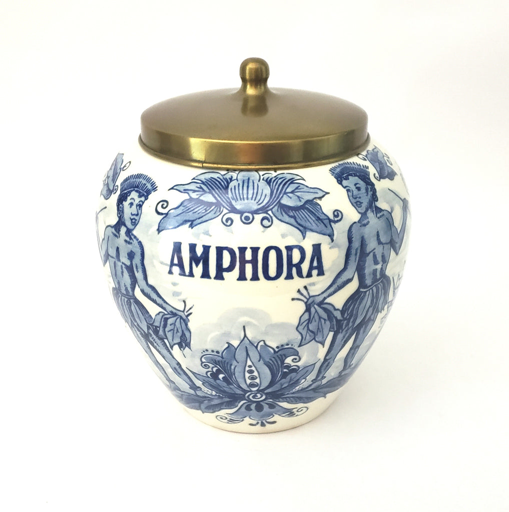 Delft Blue Glazed Ceramic Tobacco Storage Jar with Brass Lid Amphora
