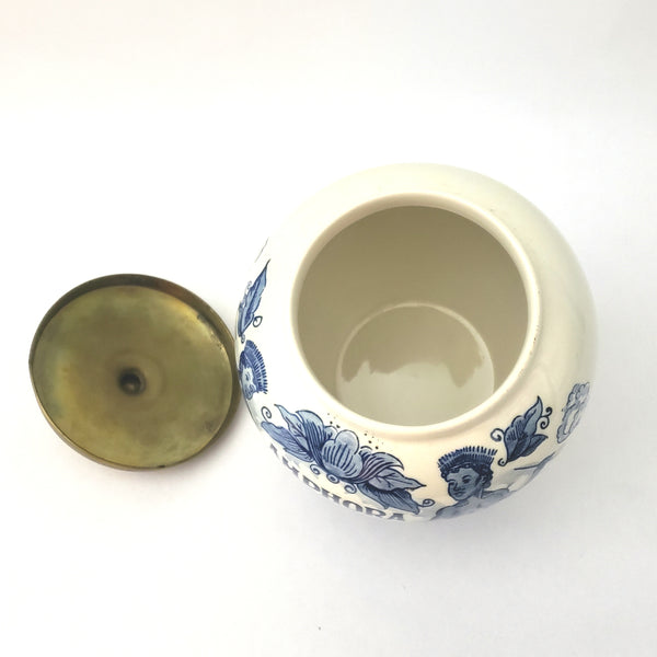 Delft Blue Glazed Ceramic Tobacco Storage Jar with Brass Lid Amphora