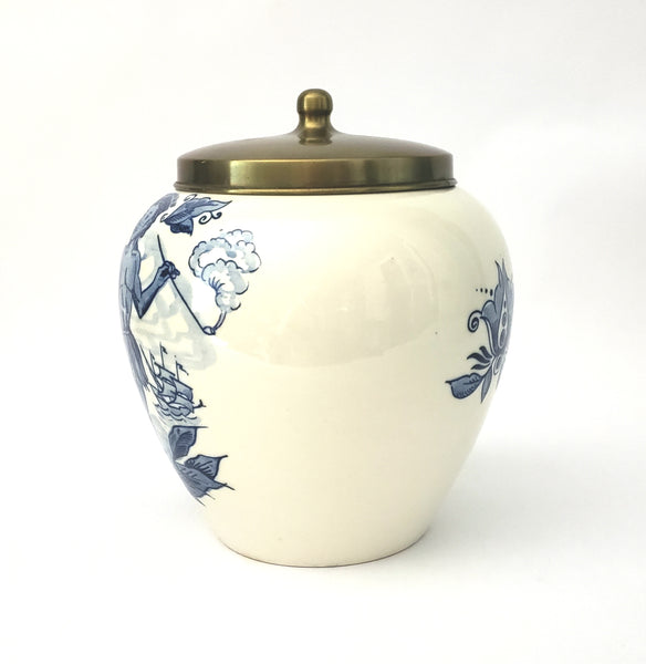 Delft Blue Glazed Ceramic Tobacco Storage Jar with Brass Lid Amphora