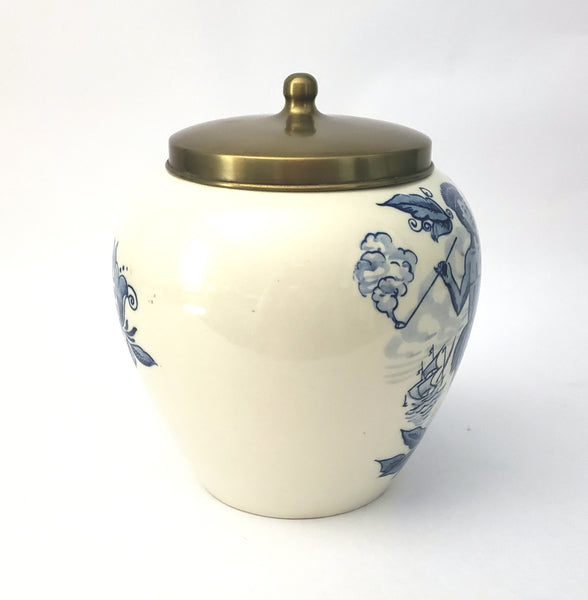 Delft Blue Glazed Ceramic Tobacco Storage Jar with Brass Lid Amphora