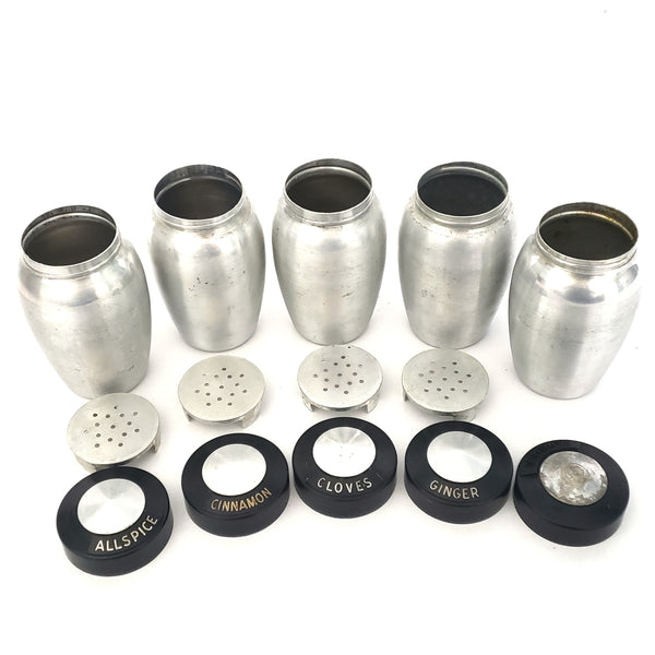 Mid-Century Retro Spun Aluminum Kitchen Spice Jar Set of 5 ~ 1950s