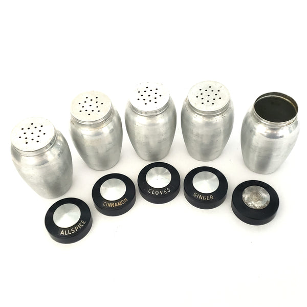 Mid-Century Retro Spun Aluminum Kitchen Spice Jar Set of 5 ~ 1950s