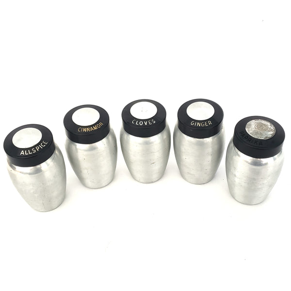 Mid-Century Retro Spun Aluminum Kitchen Spice Jar Set of 5 ~ 1950s