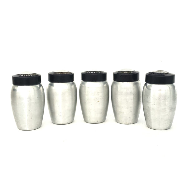 Mid-Century Retro Spun Aluminum Kitchen Spice Jar Set of 5 ~ 1950s