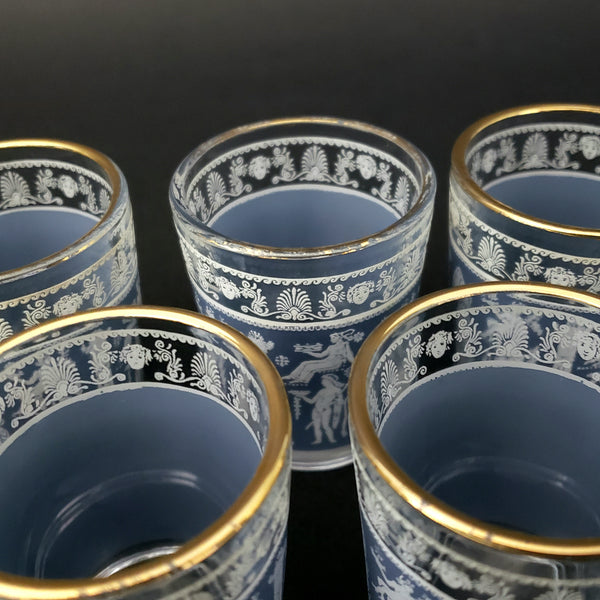 Mid-Century Shot Whiskey Glasses Corinthian Blue and White Greek Scene Set of 8