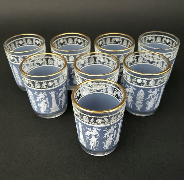 Mid-Century Shot Whiskey Glasses Corinthian Blue and White Greek Scene Set of 8