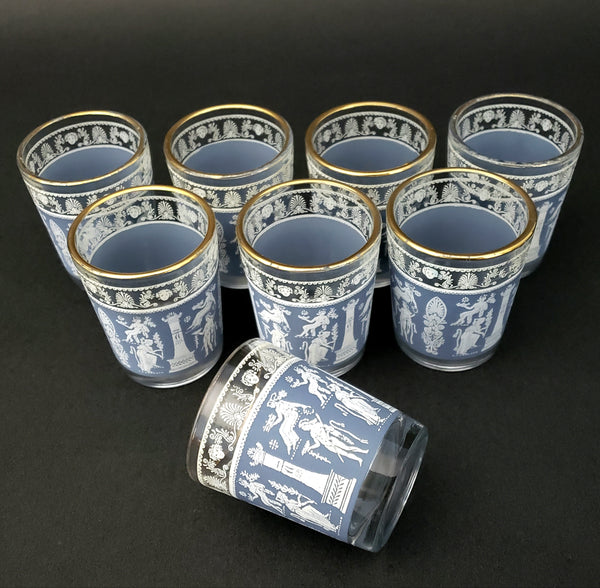 Mid-Century Shot Whiskey Glasses Corinthian Blue and White Greek Scene Set of 8