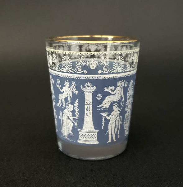 Mid-Century Shot Whiskey Glasses Corinthian Blue and White Greek Scene Set of 8