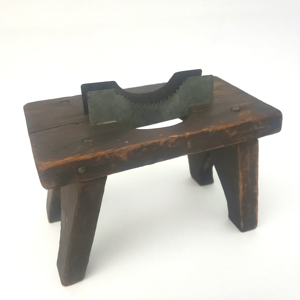Unusual Miniature Wooden Collectible Stool with Convex Metal Insert ~ ca. 1800s