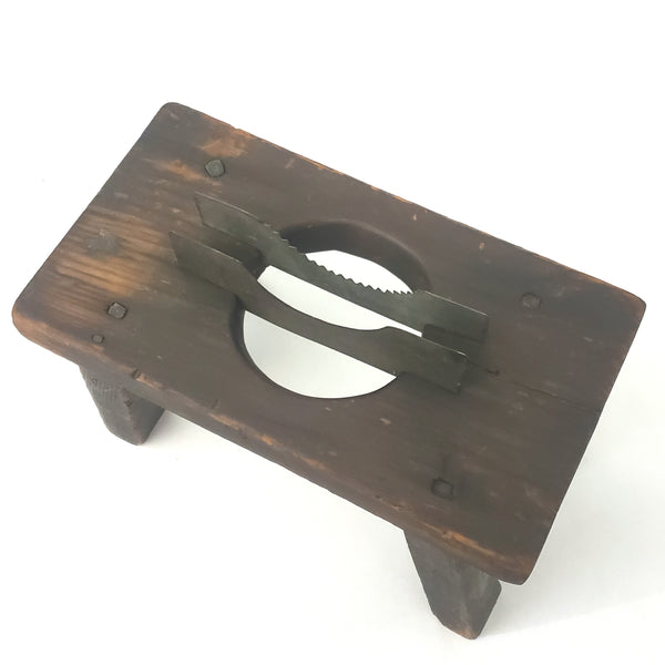 Unusual Miniature Wooden Stool with Convex Metal Insert ~ ca. 1800s