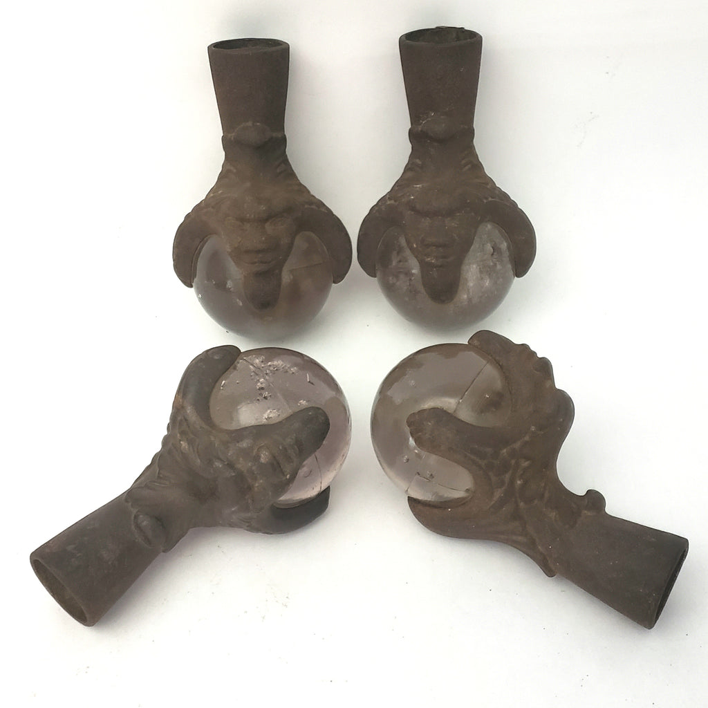 Large Antique Claw and Glass Ball Foot Terminals Set of 4 Gargoyle Face