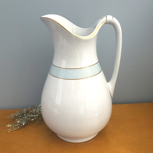 Antique White Ironstone Pitcher Light Blue Band Gold Trim 12 1/2" by JW Pankhurst England