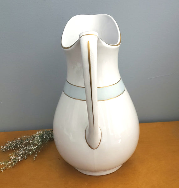 Antique White Ironstone Pitcher Light Blue Band Gold Trim 12 1/2" by JW Pankhurst England