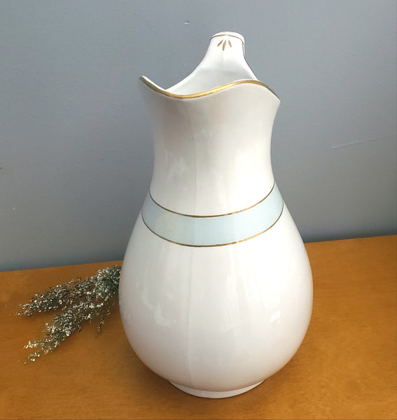 Antique White Ironstone Pitcher Light Blue Band Gold Trim 12 1/2" by JW Pankhurst England