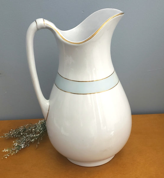 Antique White Ironstone Pitcher Light Blue Band Gold Trim 12 1/2" by JW Pankhurst England