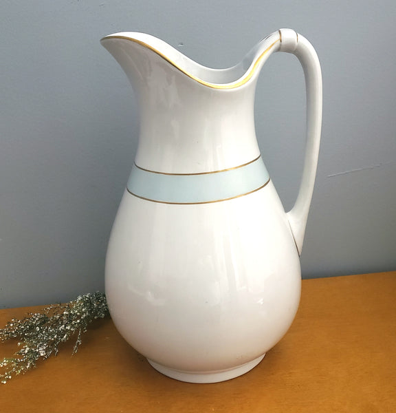 Antique White Ironstone Pitcher Light Blue Band Gold Trim 12 1/2" by JW Pankhurst England