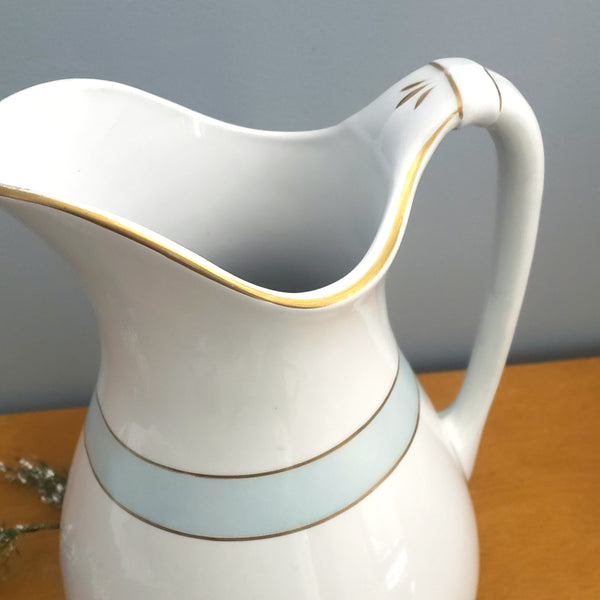 Antique White Ironstone Pitcher Light Blue Band Gold Trim 12 1/2" by JW Pankhurst England