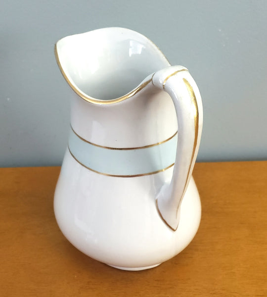 Antique White Ironstone Pitcher Light Blue Band 7" by JW Pankhurst England