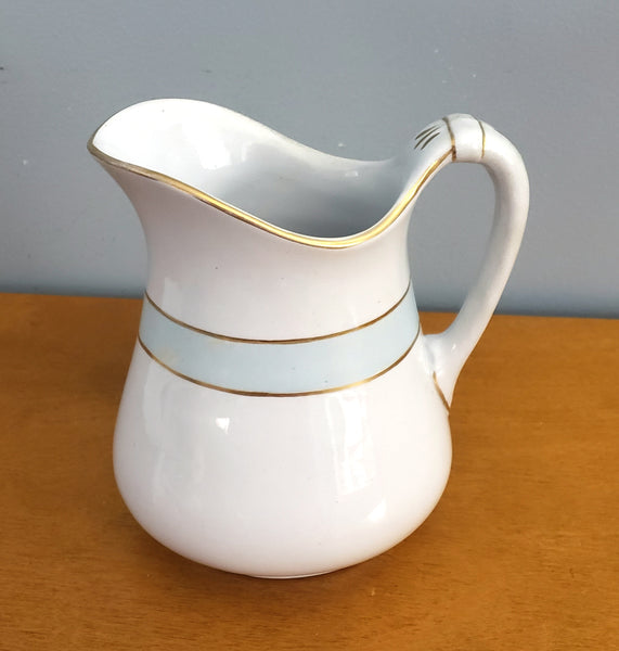 Antique White Ironstone Pitcher Light Blue Band 7" by JW Pankhurst England