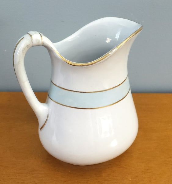 Antique White Ironstone Pitcher Light Blue Band 7" by JW Pankhurst England