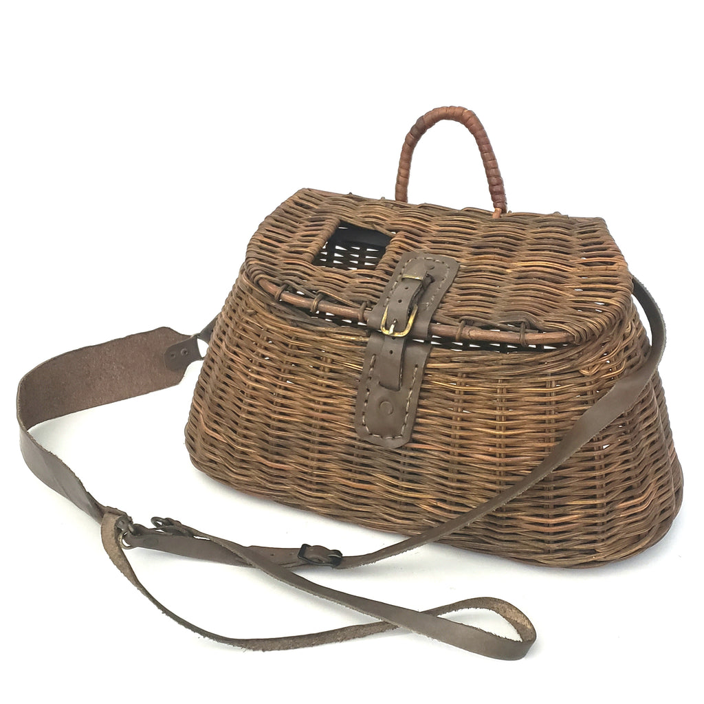 Vintage Wicker Woven Fishing Creel Lidded Basket with Buckle Closure Harness Strap