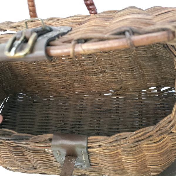 Vintage Wicker Woven Fishing Creel Lidded Basket with Buckle Closure Harness Strap