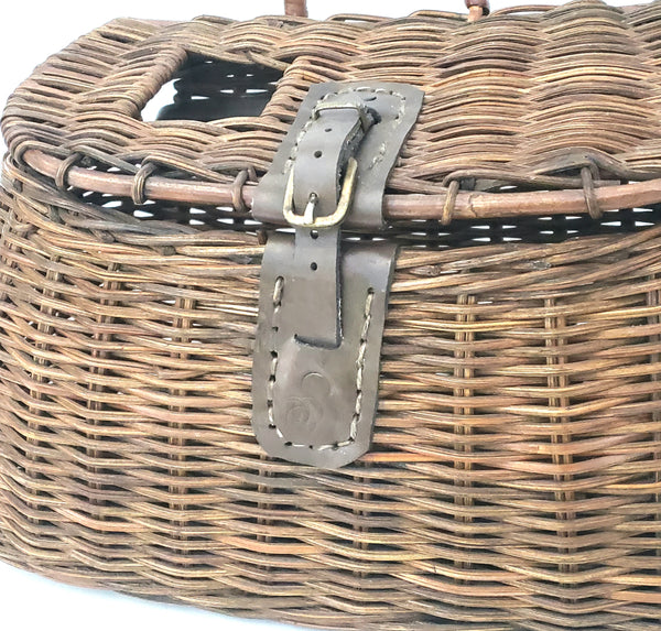 Vintage Wicker Woven Fishing Creel Lidded Basket with Buckle Closure Harness Strap
