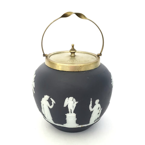 Antique Wedgwood Black Basalt and White Jasperware Lidded Jar Earlier Mark