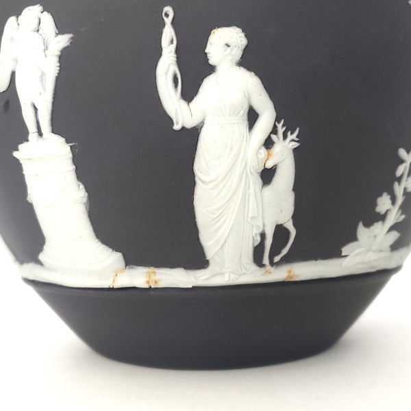 Antique Wedgwood Black Basalt and White Jasperware Lidded Jar Earlier Mark