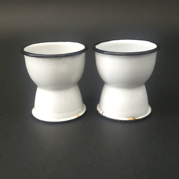 Vintage White Enamelware Egg Cups Pair 2" Polar Ware Sheboygan, Wisconsin 1920s-1930s