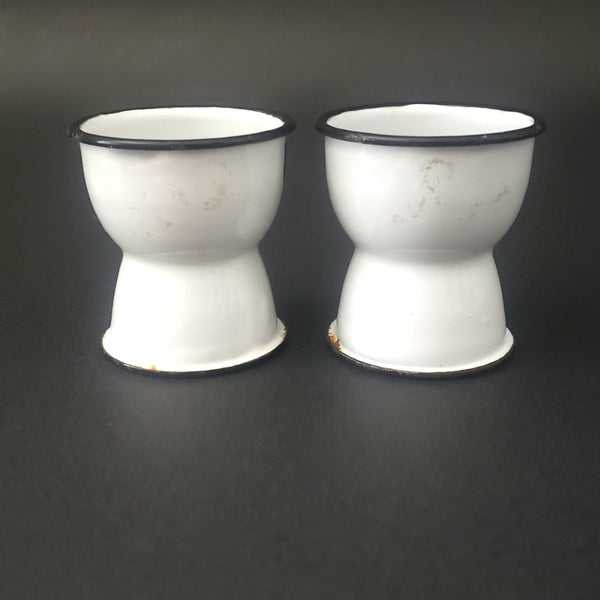Vintage White Enamelware Egg Cups Pair 2" Polar Ware Sheboygan, Wisconsin 1920s-1930s