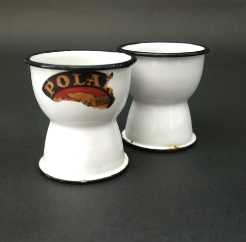 Vintage White Enamelware Egg Cups Pair 2" Polar Ware Sheboygan, Wisconsin 1920s-1930s