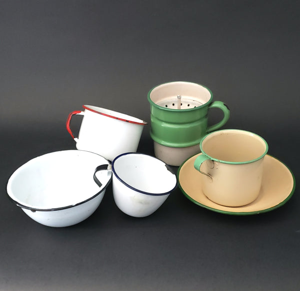 Lot of Antique and Vintage Enamelware Cups, Bowls, Biggin Filter Strainer